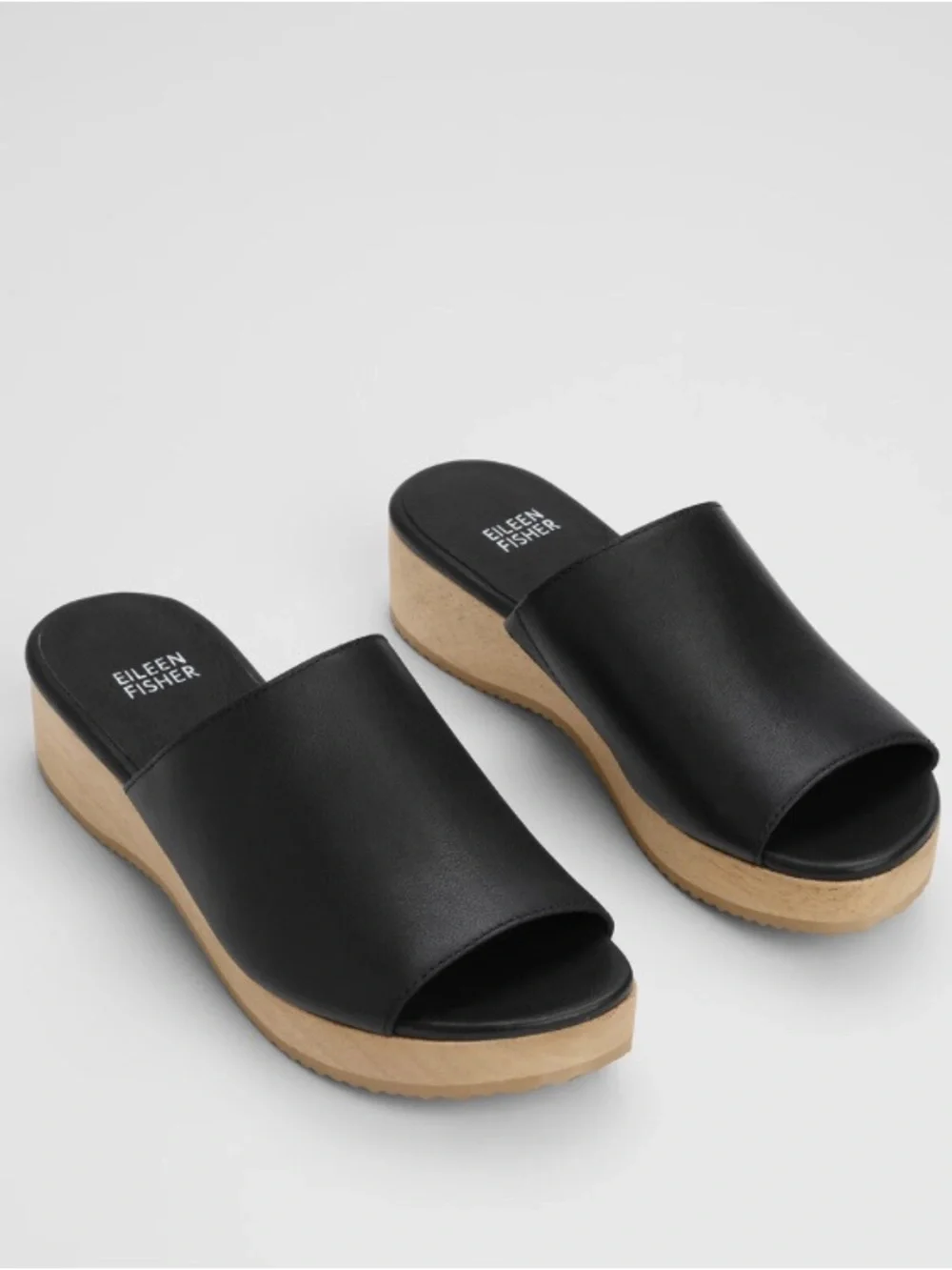 Eileen Fisher Black Novel Leather sandals with real wood Platform